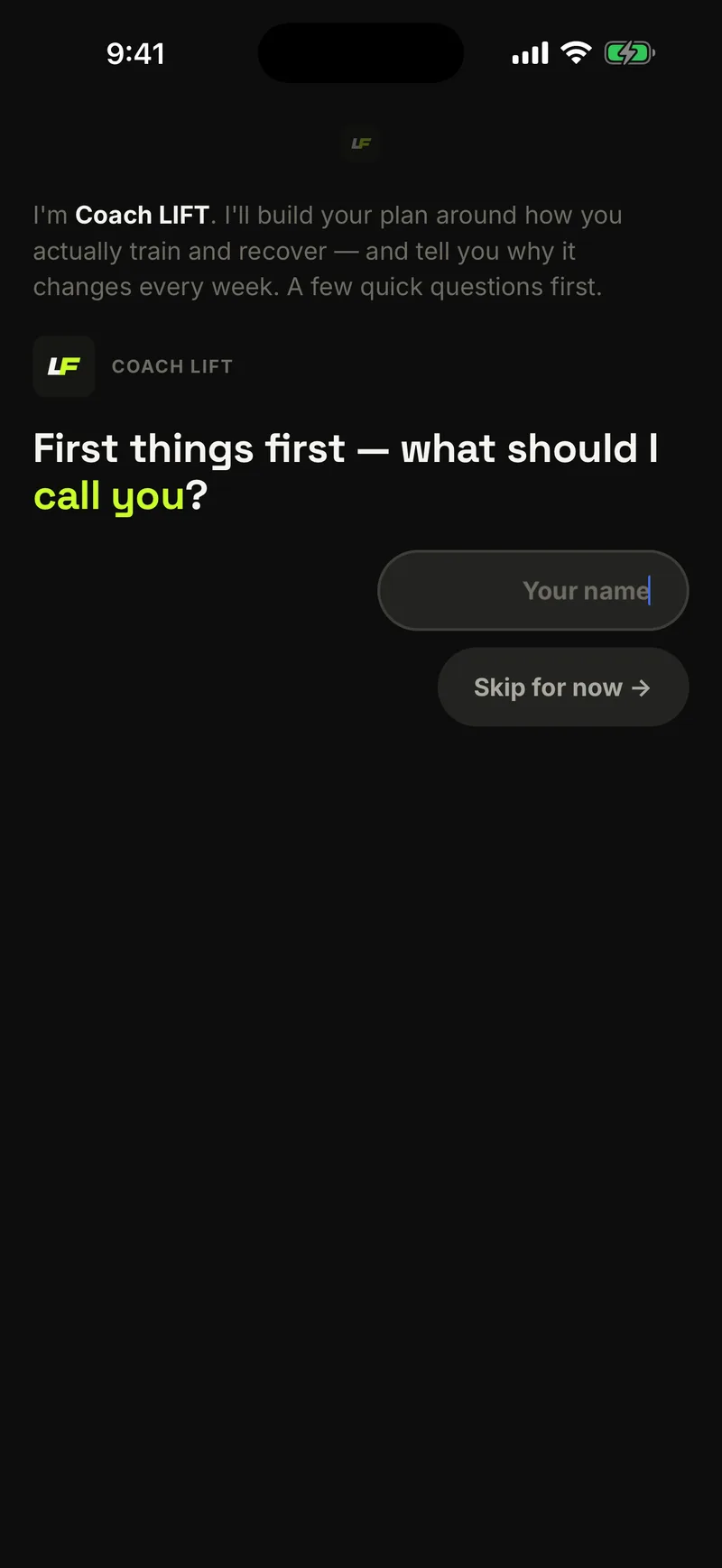 LIFT coach chat asking onboarding questions