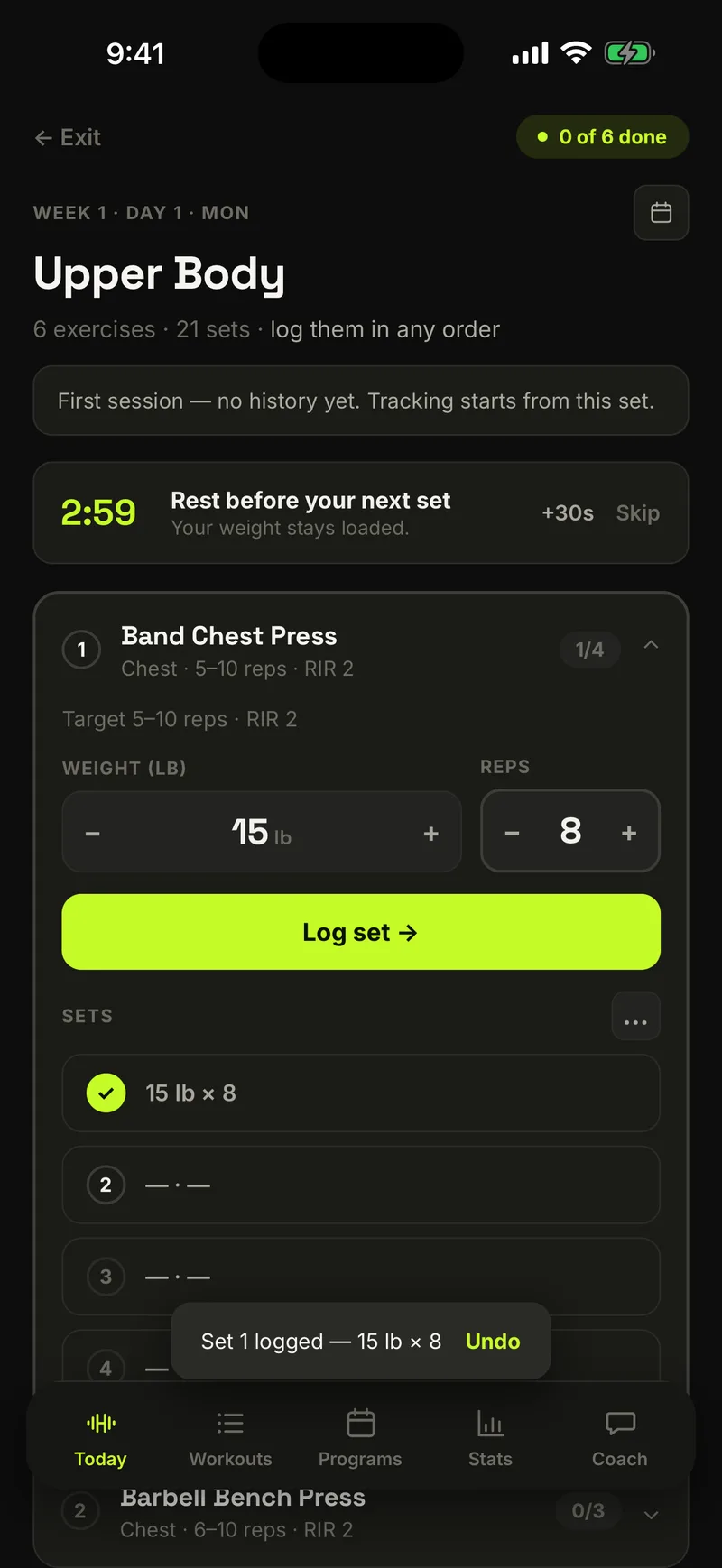 Session logging screen with the rest timer running
